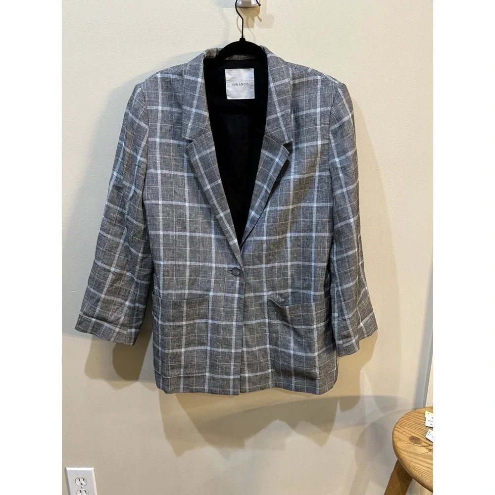 Humanoid  Linen Cotton Plaid Blazer Jacket‎ Size Small Oversized